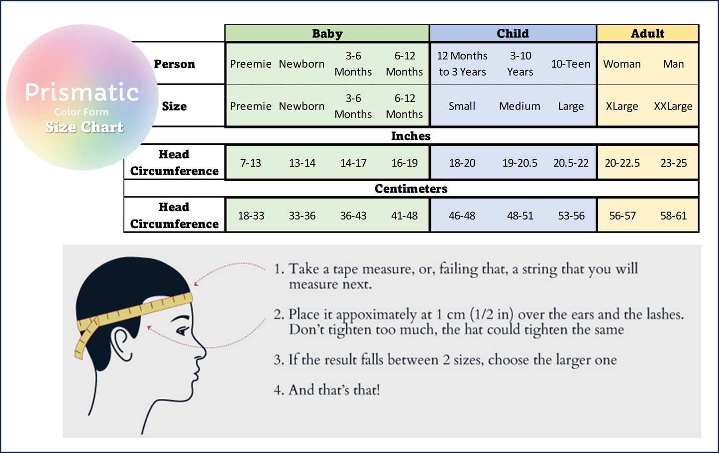 Prismatic Color Form Beanie Size Chart